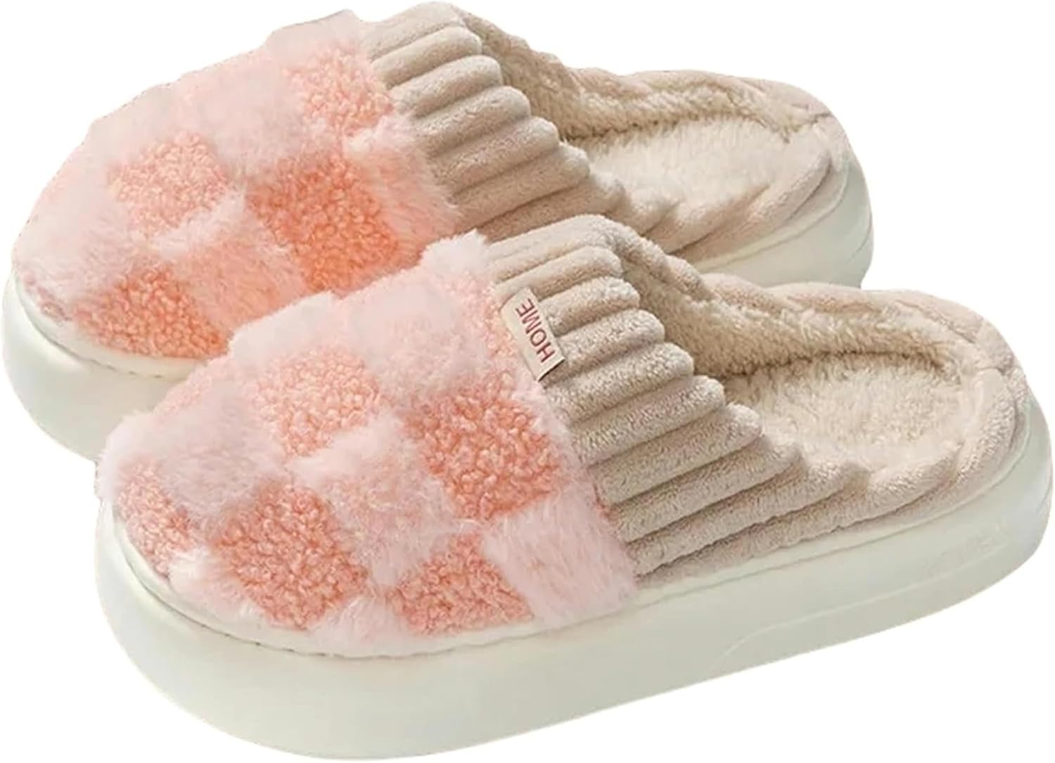 

Модные хлопковые тапочки для женщин, теплые плюшевые домашние тапочки, зимние клетчатые тапочки, пушистые тапочки для мужчин и женщин Vrilu, розовый