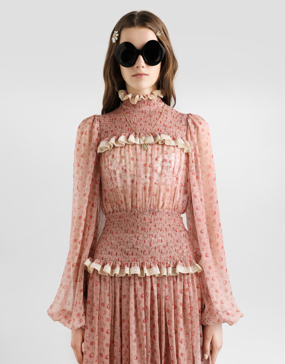 Длинное шифоновое платье с мелким принтом роз DOLCE & GABBANA, мультиколор — фото 4