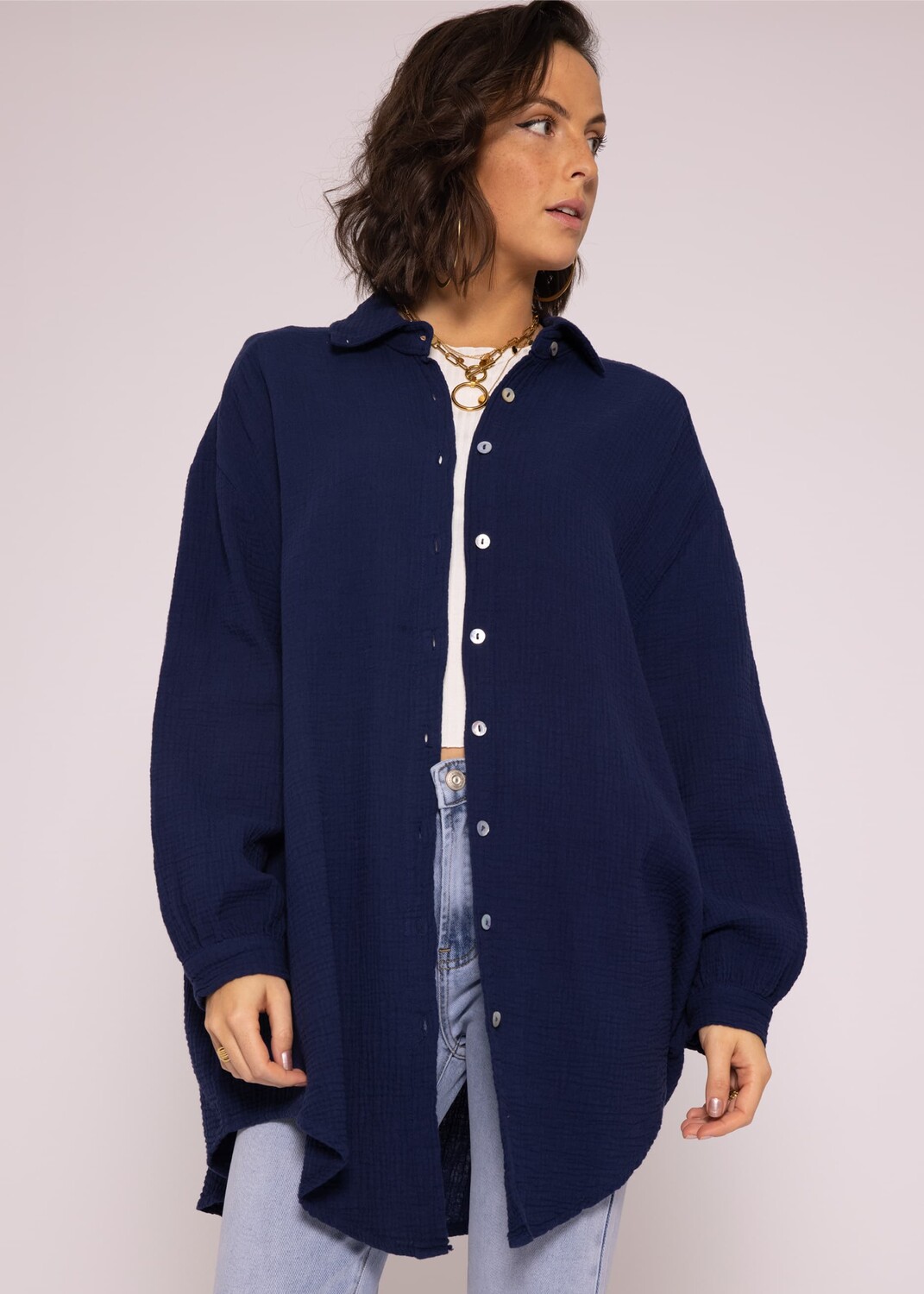 

Блуза SASSYCLASSY Ultra Oversize Musselin nhemd lange Variante, темно-синий