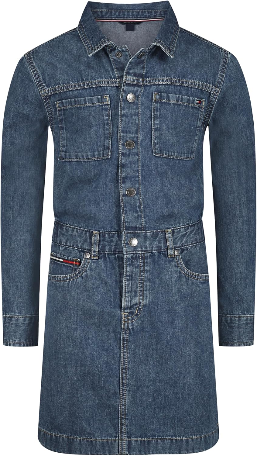 

Платье Tommy Hilfiger для девочек из легкого денима с короткими рукавами, воротником и присборенной талией, Dekalb Wash