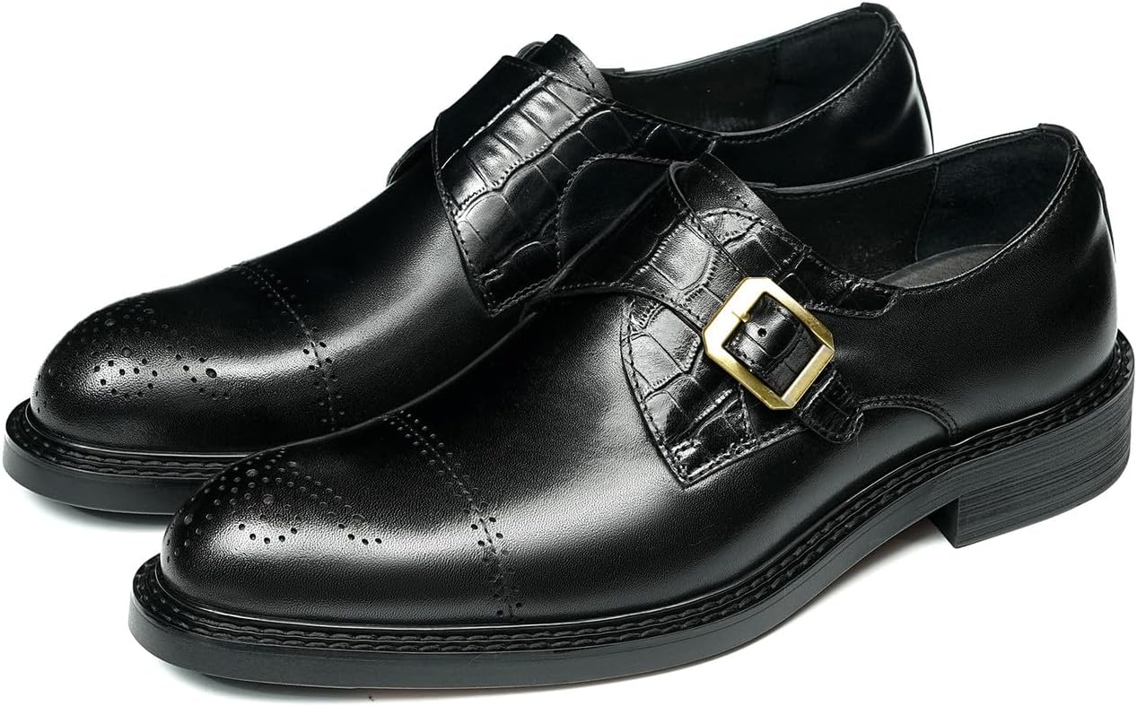 

Мужские туфли-лоферы Santimon с монк-ремешком, натуральная кожа, носок с отделкой кап-тоу, однопряжковые мокасины с броги-деталями и противоскользящей резиновой подошвой для работы, офиса и свадьбы, черный