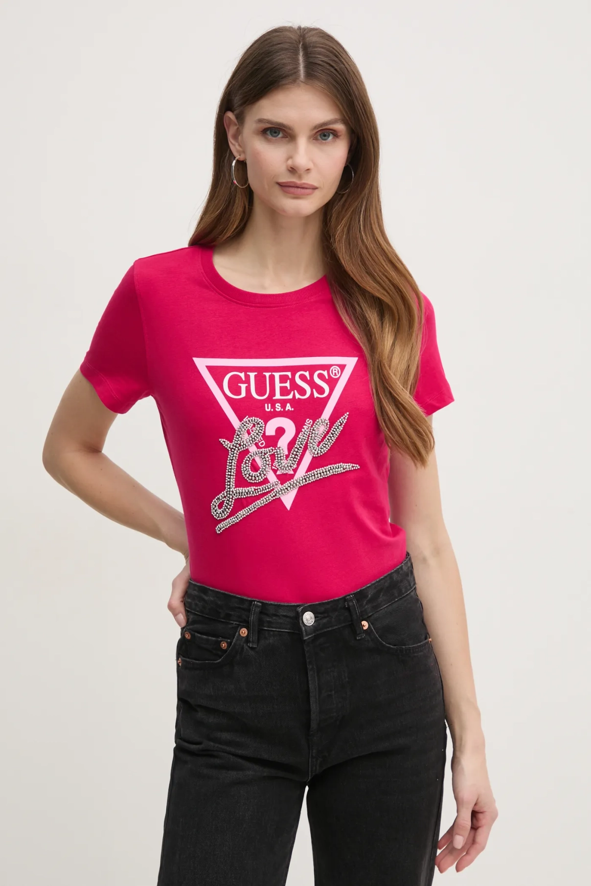 

Хлопковая футболка Guess, розовый