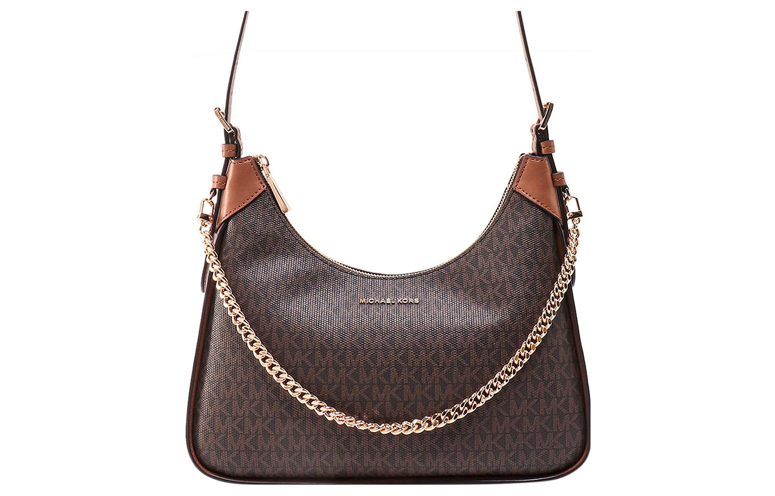 

Хлопковая с кожаными вставками портативная сумка через плечо, женская коричневая MICHAEL KORS