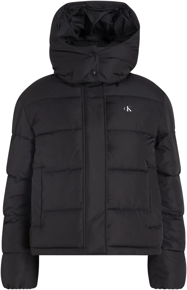 

Стеганая куртка Calvin Klein Jeans "MATTE MONOLOGO ND SHORT PUFFER", с капюшоном, с логотипом, черный