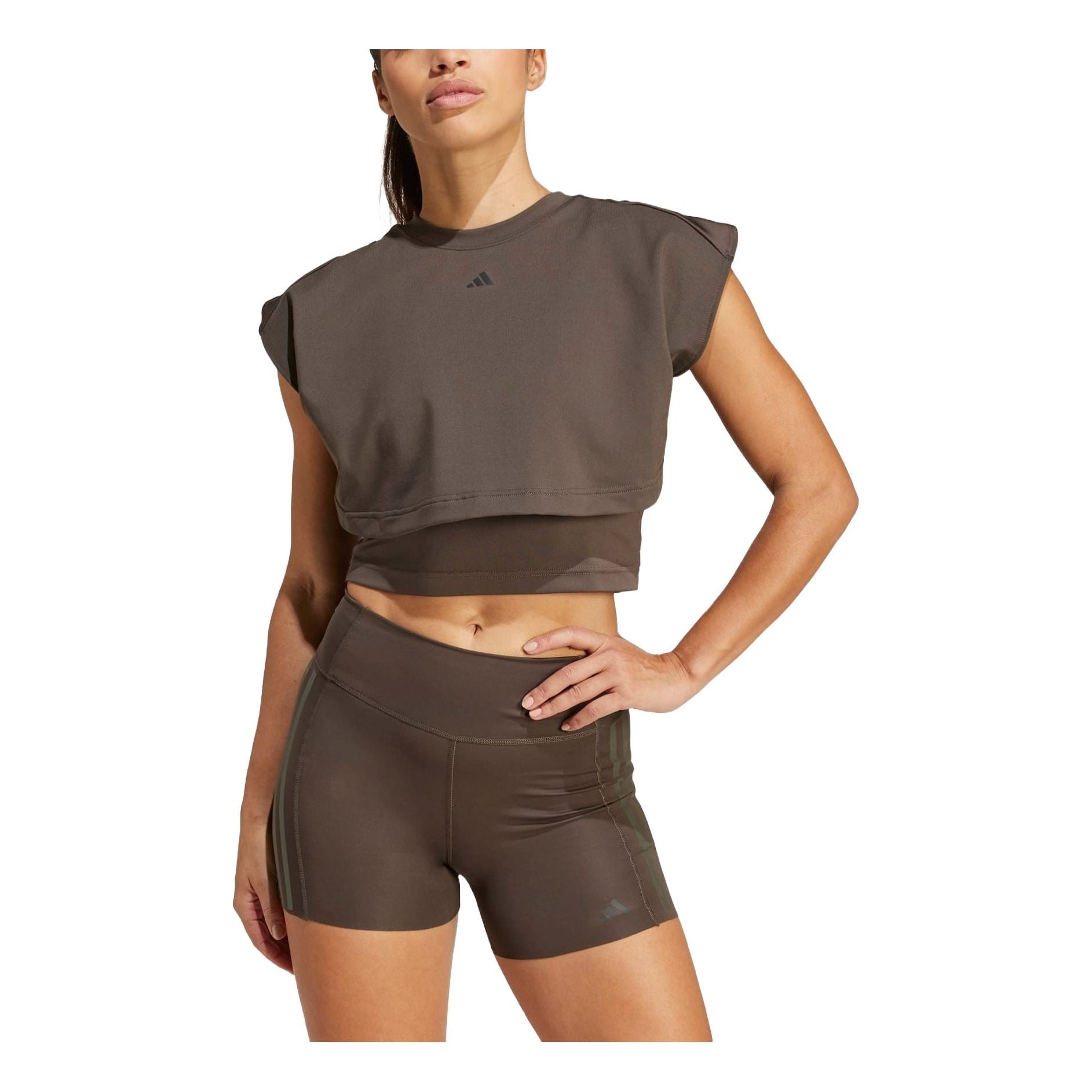 

(WMNS) Майка Adidas Power Boxy из французского махрового трикотажа с тремя полосками, азиатский размер, цвет «Теневой оливковый»