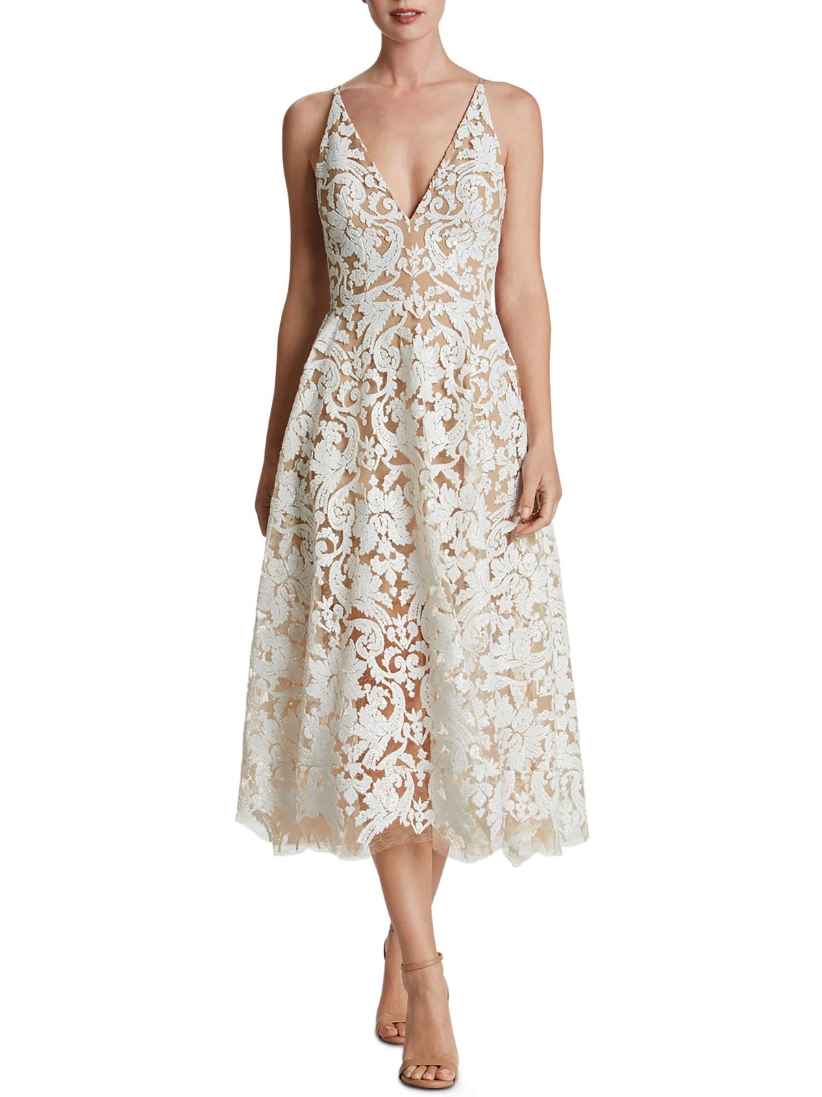 

Платье миди с кружевом и пайетками Blair Womens Dress The Population, белый/телесный
