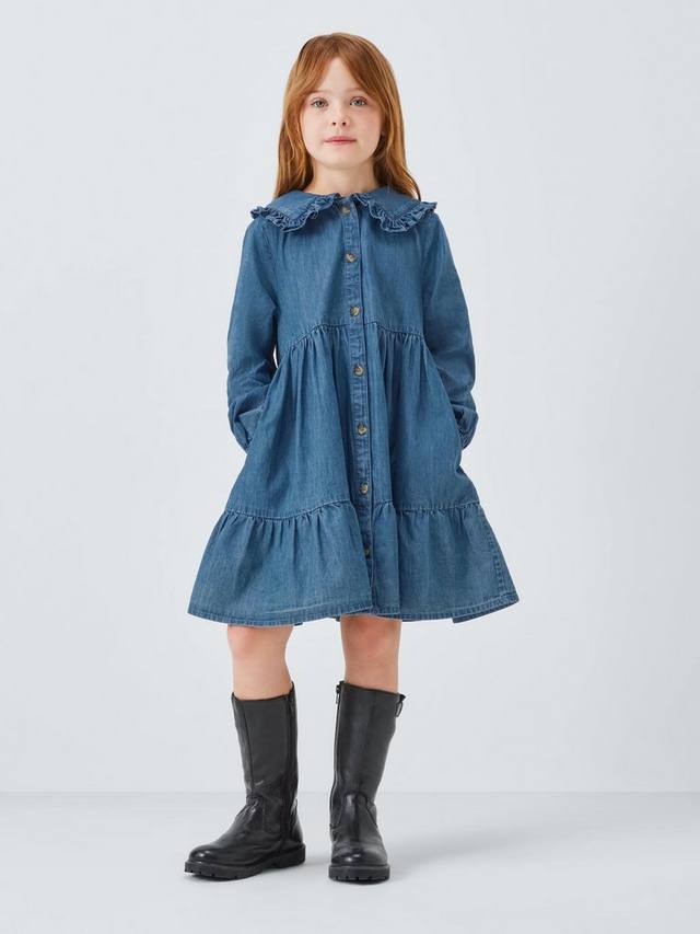 

Детское джинсовое платье-рубашка с ярусами John Lewis, Blue