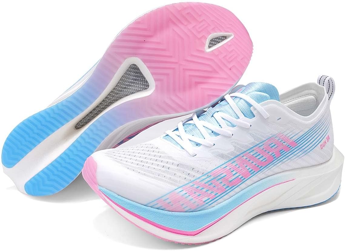 

Беговые кроссовки с углеродной пластиной для мужчин и женщин, легкие, с амортизацией и поддержкой свода стопы, для бега, тренировок и повседневной носки Irunsvan, белый/розовый