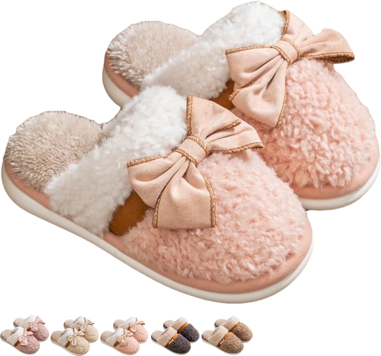 

Домашние зимние теплые хлопковые тапочки с бантом для женщин и мужчин, пушистые домашние тапочки с бантом, противоскользящие домашние тапочки для спальни, уютные тапочки для мужчин и пар Iwhgrmp, розовый