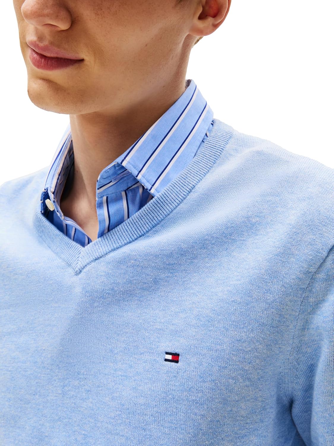Мужской хлопковый однотонный свитер с V-образным вырезом Tommy Hilfiger, легкий пуловер, Vessel Blue Heather — фото 2