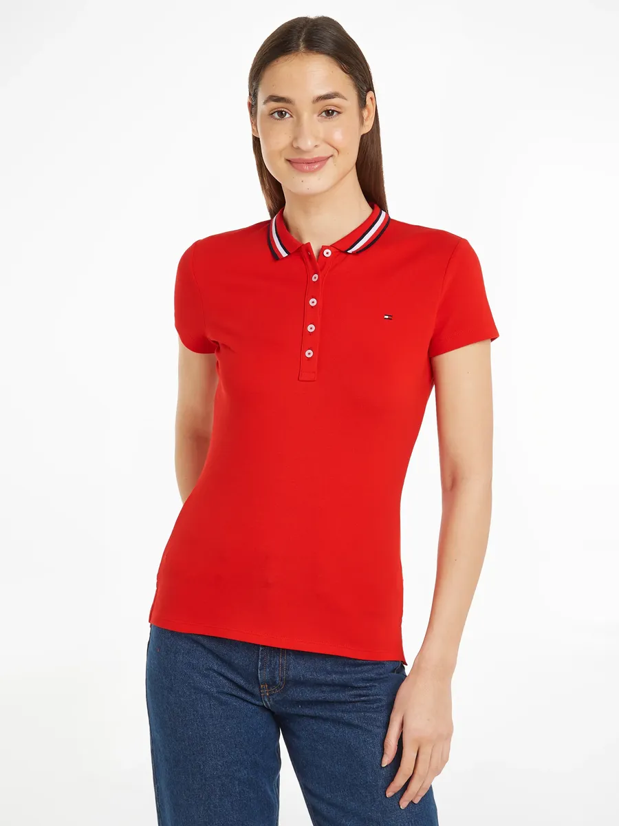 

Рубашка-поло Tommy Hilfiger "SLIM GLOBAL STRIPE POLO SS", воротник-поло с контрастными полосками, небольшая планка на пуговицах, красный