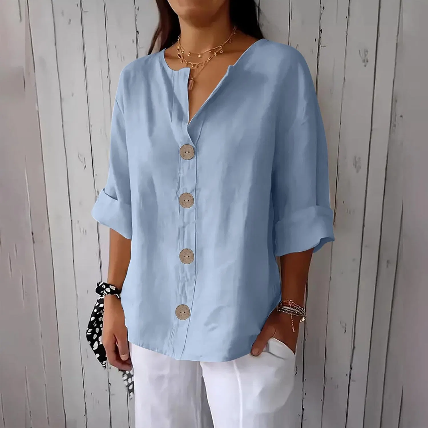 Блуза женская льняная, Light Blue, Oversized — фото 2