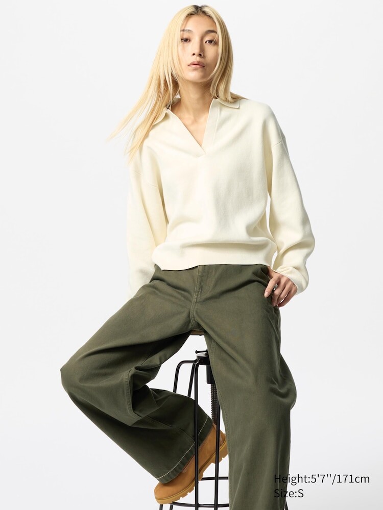 

Свободный джемпер-поло из гладкого хлопка Uniqlo, цвет 01 белый