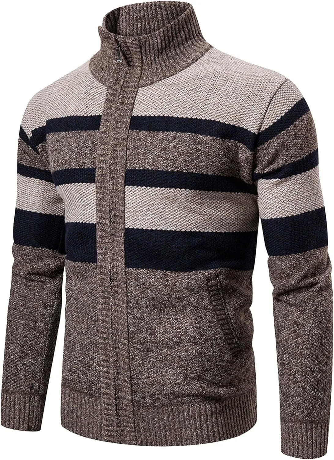 

Мужской полосатый теплый кардиган с воротником стойкой, на молнии, для осени и зимы