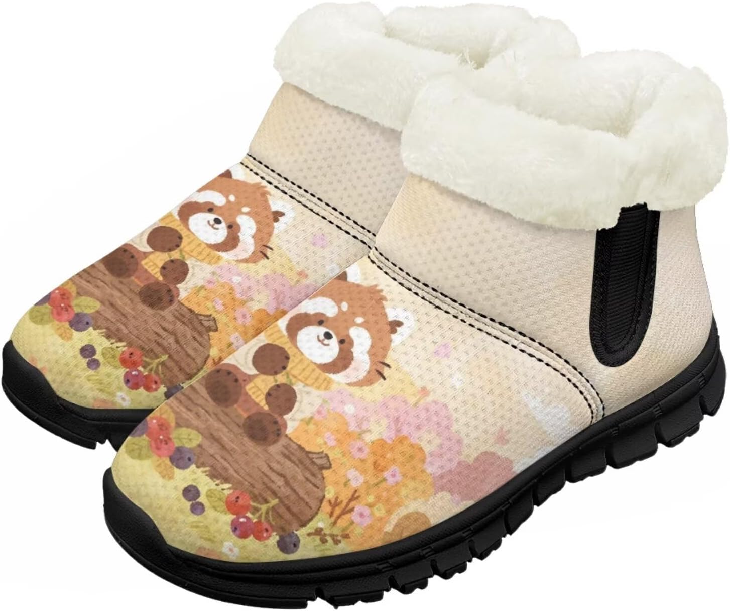 

Зимние сапожки для девочек-детей, противоскользящие прогулочные кроссовки с меховой подкладкой, без шнурков, теплые короткие ботинки Pointodoor, Cute Red Panda