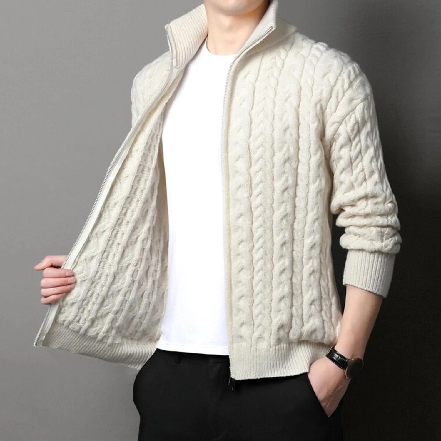 Мужской кардиган с двумя молниями Regular Full Zip Up Stand Collar зимний Casual Slim Fit — фото 4