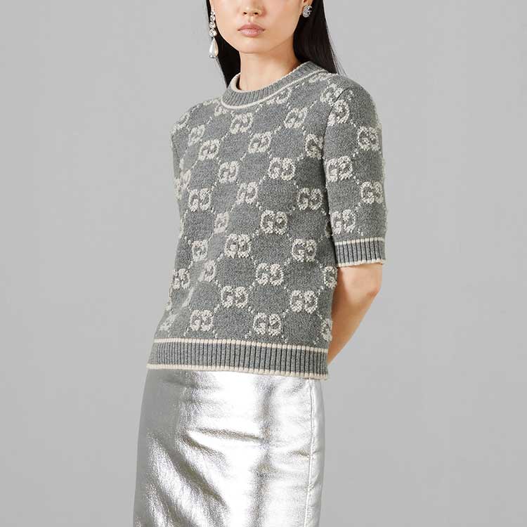 Топ женский Gucci GG Wool Boucl Jacquard Top, с жаккардовым узором, серый — фото 2
