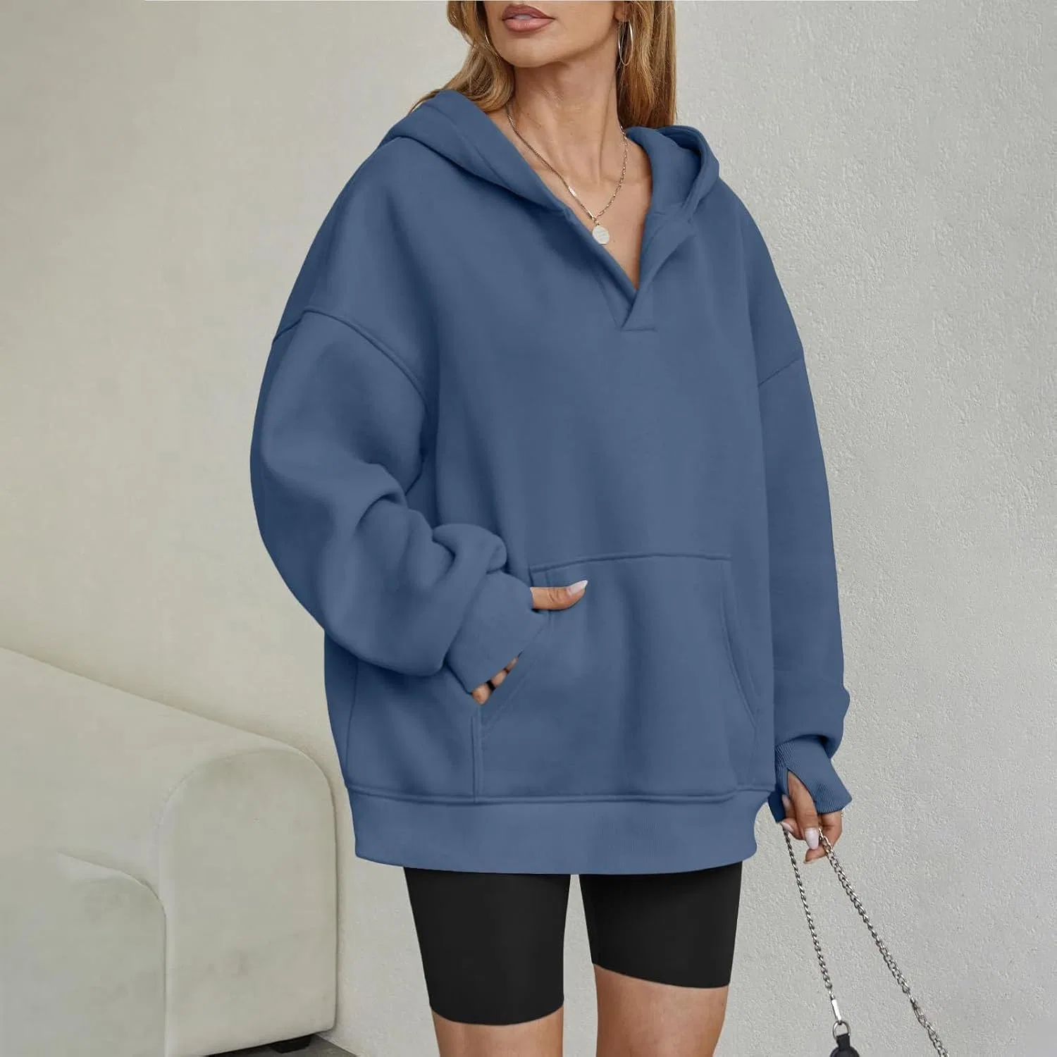 Женский оверсайз худи V-образный вырез, Polyester, Blue — фото 4