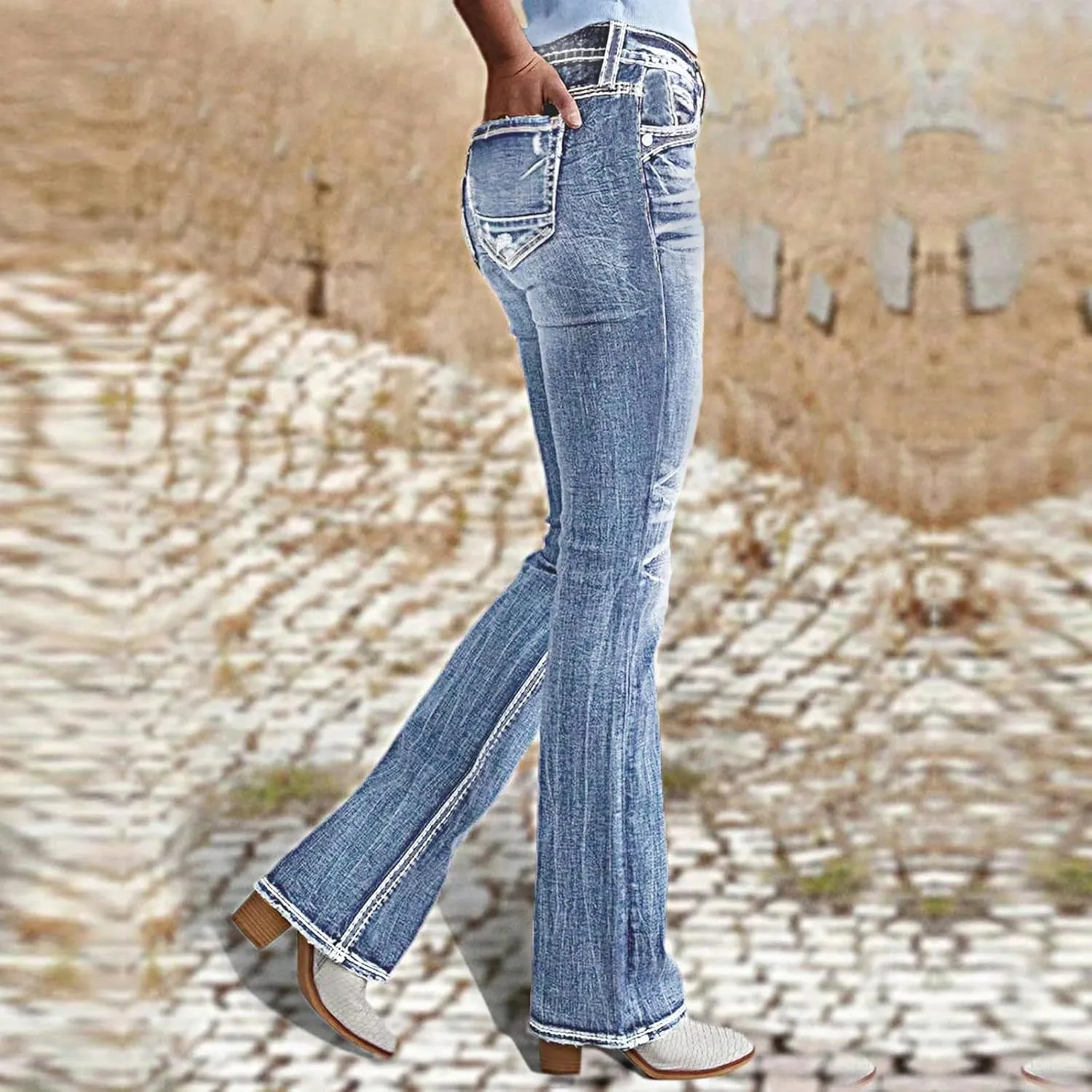 Женские джинсы bootcut прямые, vintage, mid rise, легкие, stretchy — фото 3