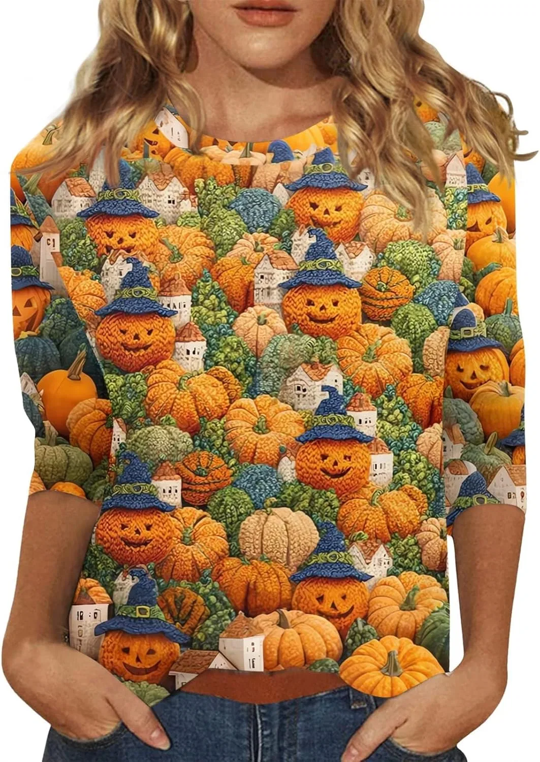 Блуза с принтом, Halloween, 3/4 рукав, свободный крой, 5-green