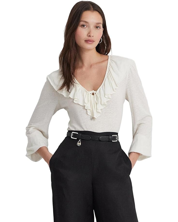 

Топ LAUREN Ralph Lauren Ruffle-Trim Jersey Tie-Neck, цвет Mascarpone Cream