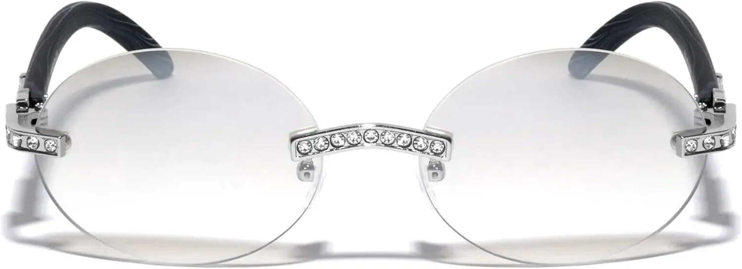

Солнцезащитные очки Dweebzilla Slim Rimless Round Oval Buffs с металлическими вставками и стразами, имитирующими дерево, Silver & Black Wood - Grey Smoke Lenses