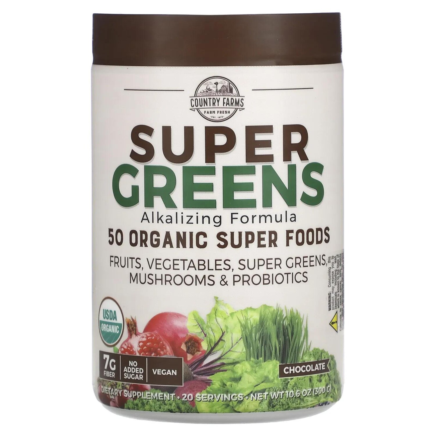 

Country Farms Super Greens сертифицированная органическая формула из цельных продуктов со вкусом шоколада 10,6 унц. (300 г)