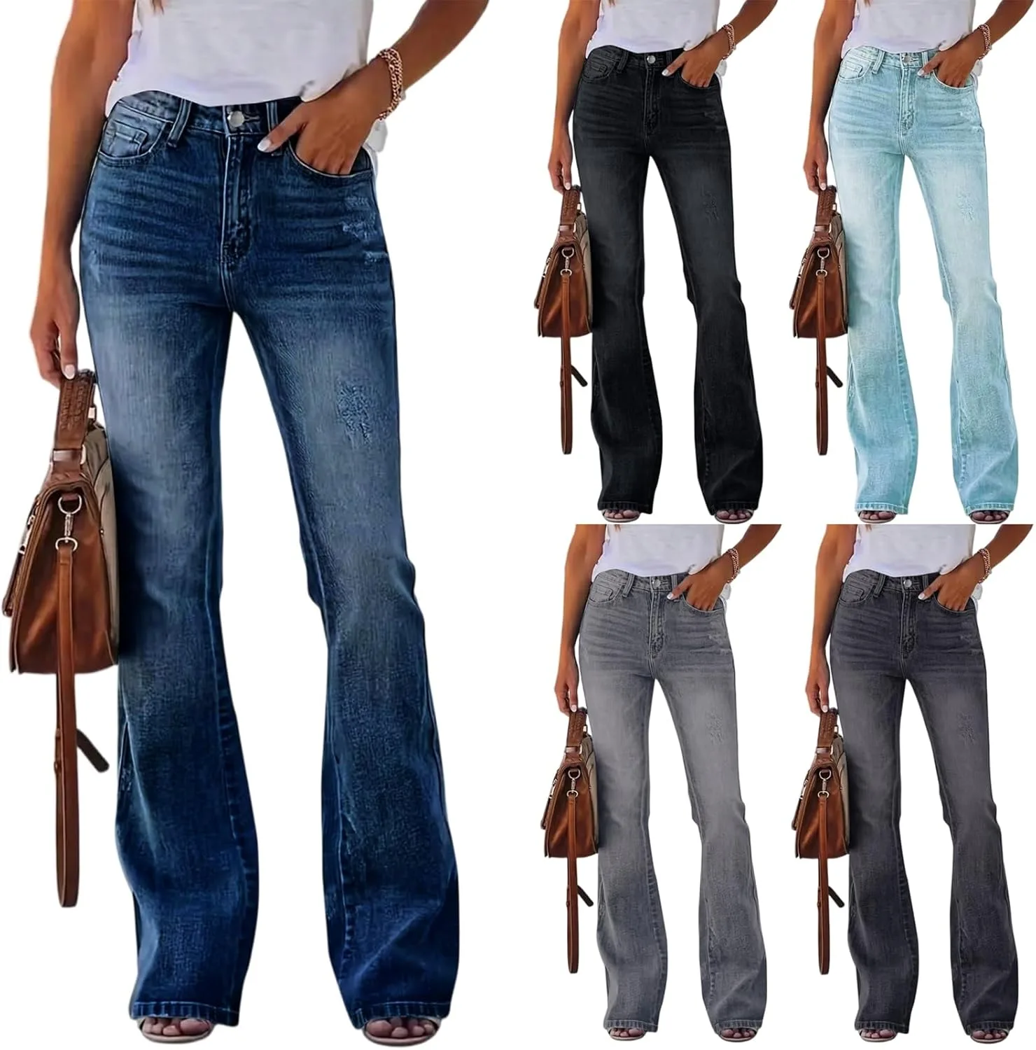 

Прямые джинсы для женщин stretchy distressed flare mid rise pull-on elastic waist button fly