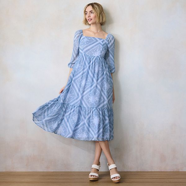 

Женское платье миди с квадратным вырезом и рукавом 3/4 Lc Lauren Conrad, Blue Fanchon Scarf