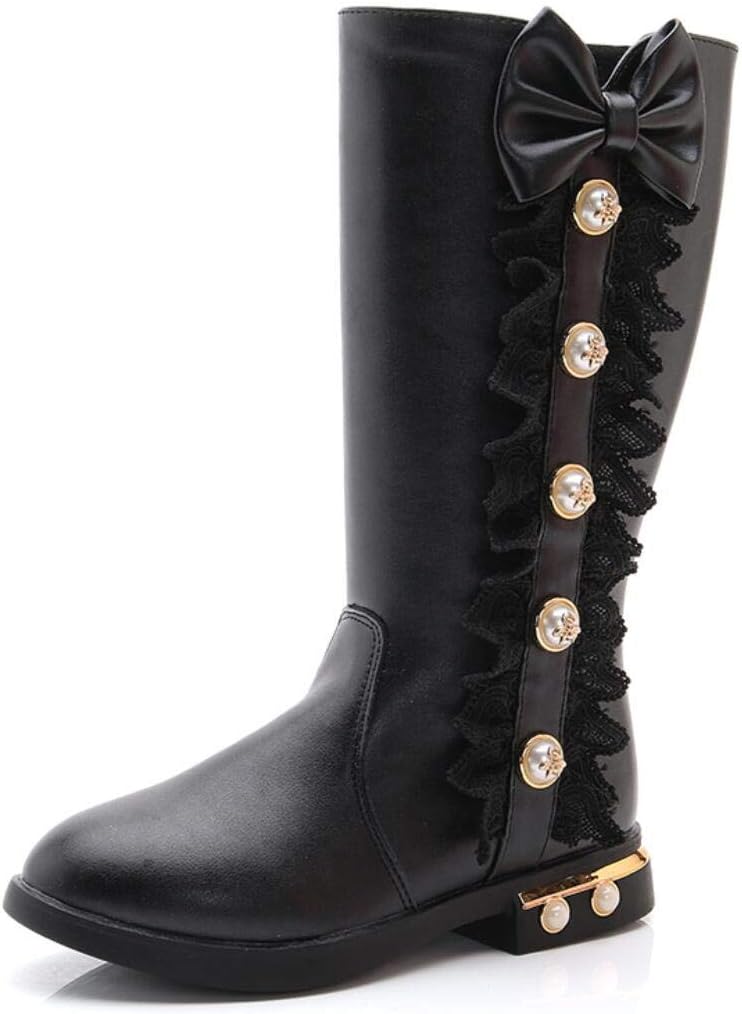 

Детские зимние высокие снегоходные сапожки для девочек с водонепроницаемой кружевной отделкой, бантом, боковой молнией и меховой подкладкой, модные блестящие ботильоны (для малышей/маленьких детей) JGKDTX, Black