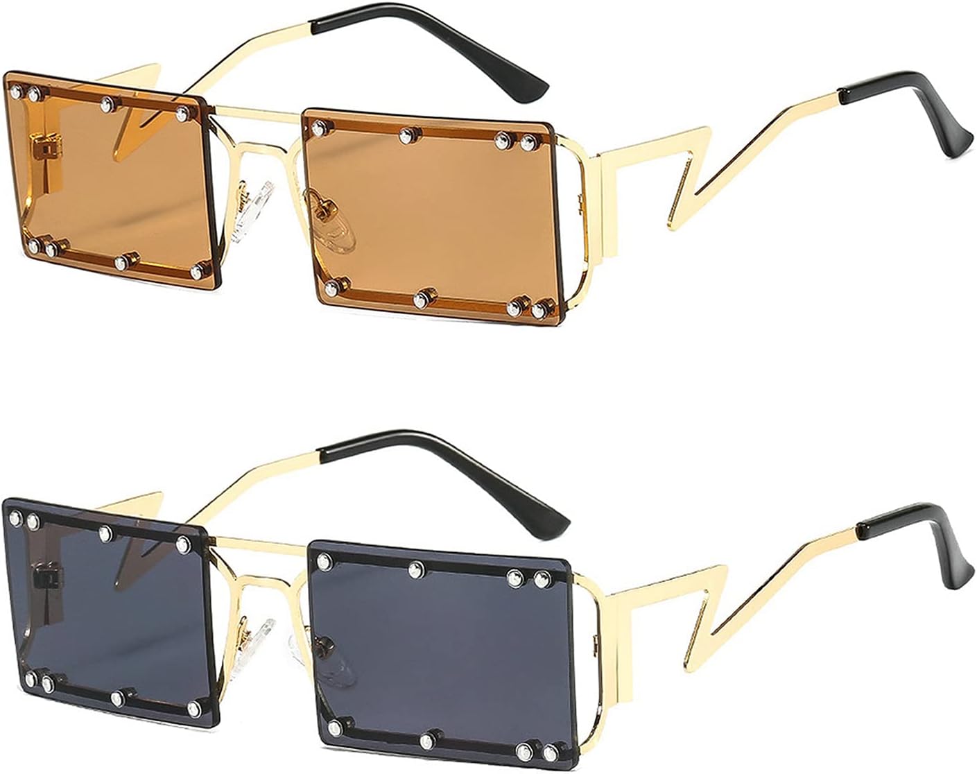 

Модные прямоугольные солнцезащитные очки для женщин, винтажные, без оправы, с прозрачными линзами цвета морской волны, мужские солнцезащитные очки с заклепками, защита от УФ-излучения UV400 COTIA, Brown&gold Gray