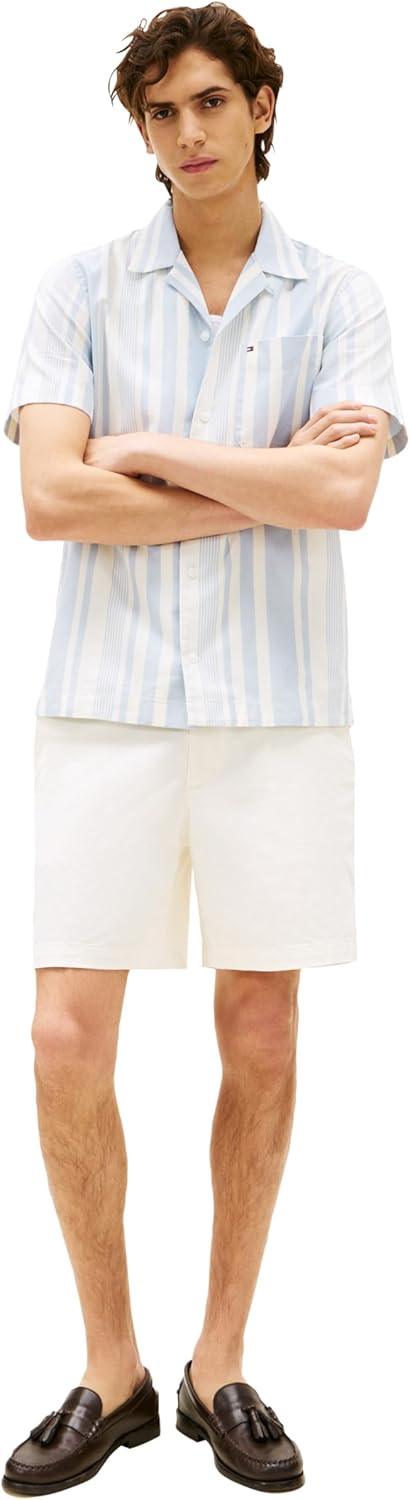 Рубашки Tommy Hilfiger с коротким рукавом, легкие, стандартного кроя, мужские, повседневные, на пуговицах, летние, Breezy Blue / Ivory Petal — фото 3