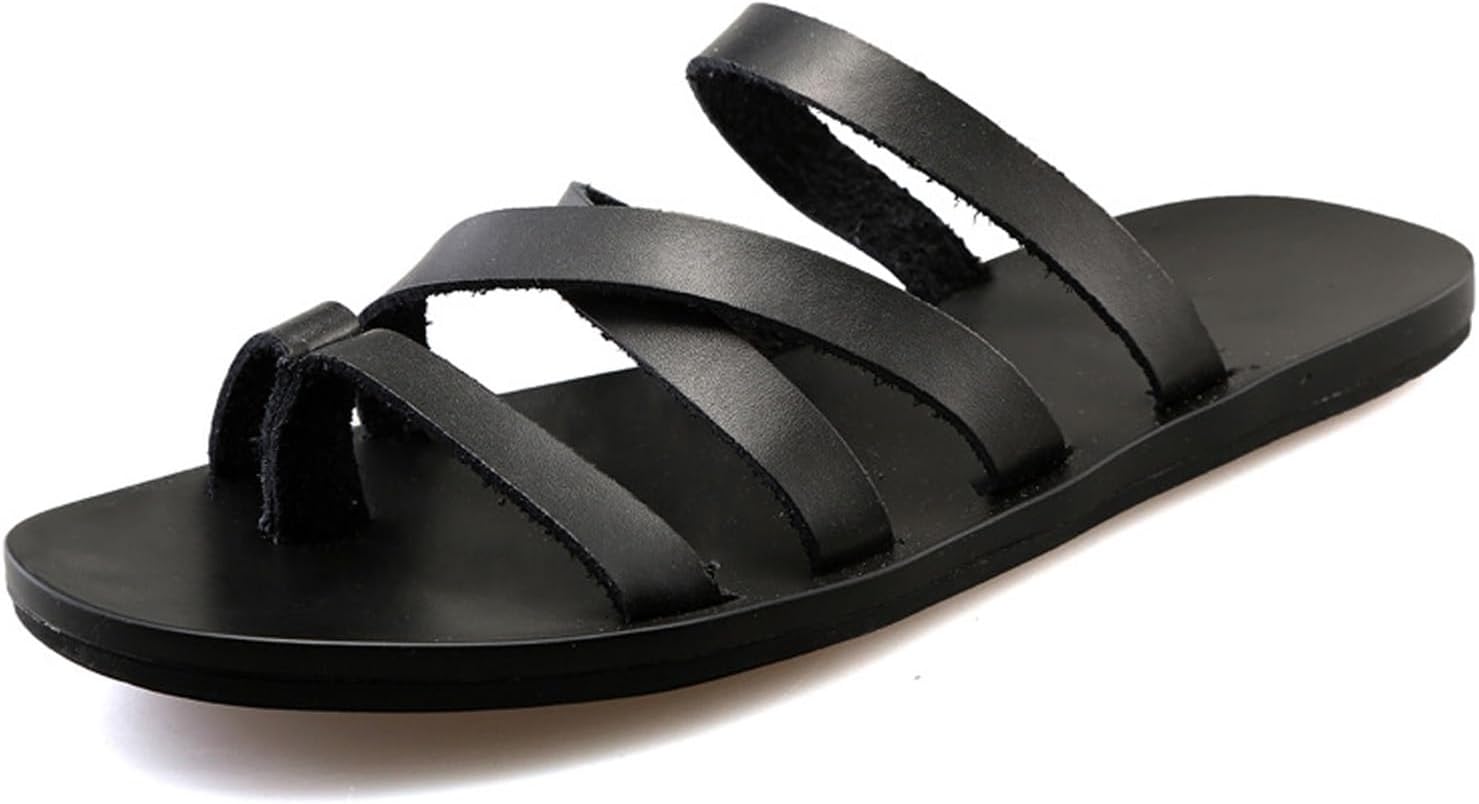 

Мужские кожаные сандалии NEJKG с ремешками и петлей для пальца, повседневные плоские пляжные шлепанцы с открытым округлым носком, легкие, нескользящие, на лето, римские шлепанцы для прогулок по пляжу, черный