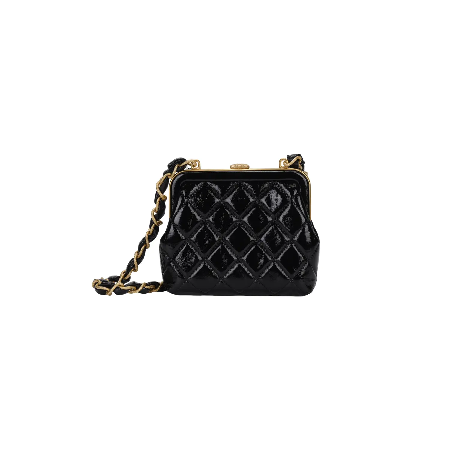 CHANEL Чёрная женская сумка через плечо из тиснёной кожи ягнёнка с лаковым покрытием — фото 3