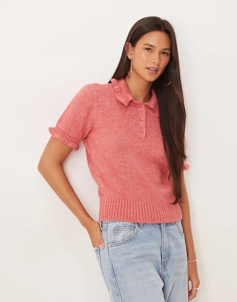 

Розовый трикотажный топ-поло с зауженной талией и оборкой от ASOS DESIGN