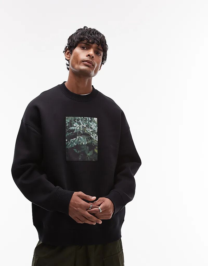 

Толстовка свободного кроя с принтом листьев черного цвета Topman