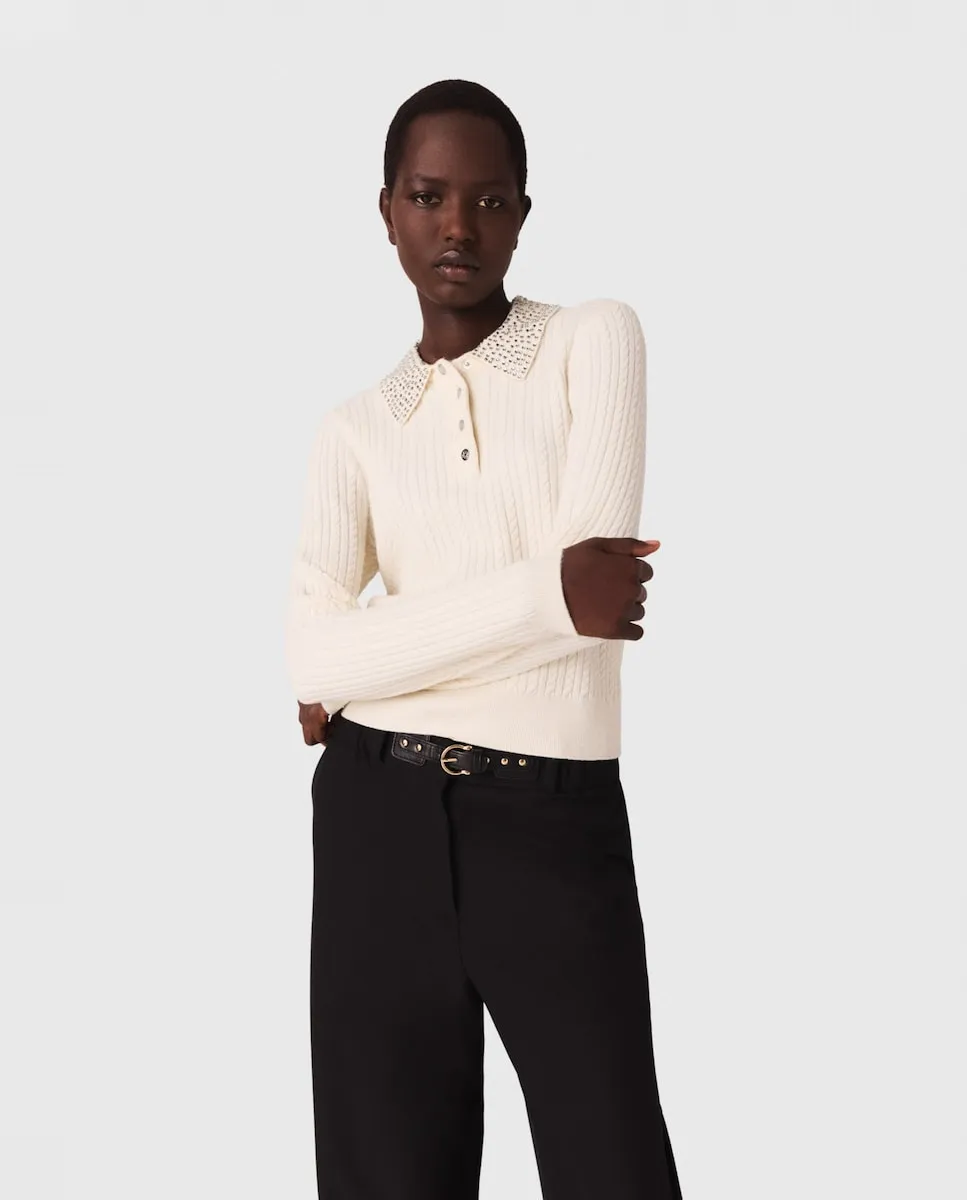 

Женское вязаное поло с воротником из страз Maje, белый