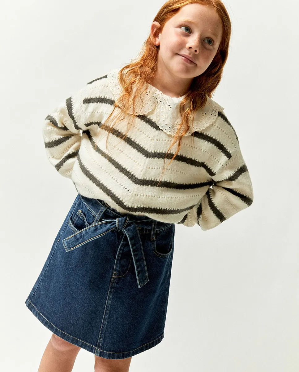 

Джемпер с ажурной вязкой и полосками Sfera, светло-бежевый