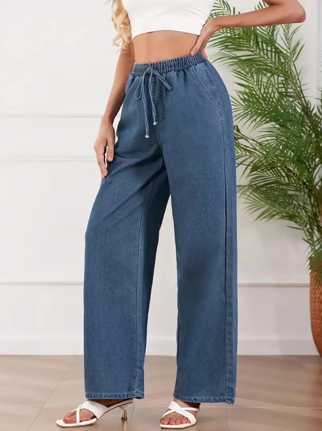 Женские повседневные джинсы Wide Leg — высокие палаццо с эластичным поясом и карманами — фото 4