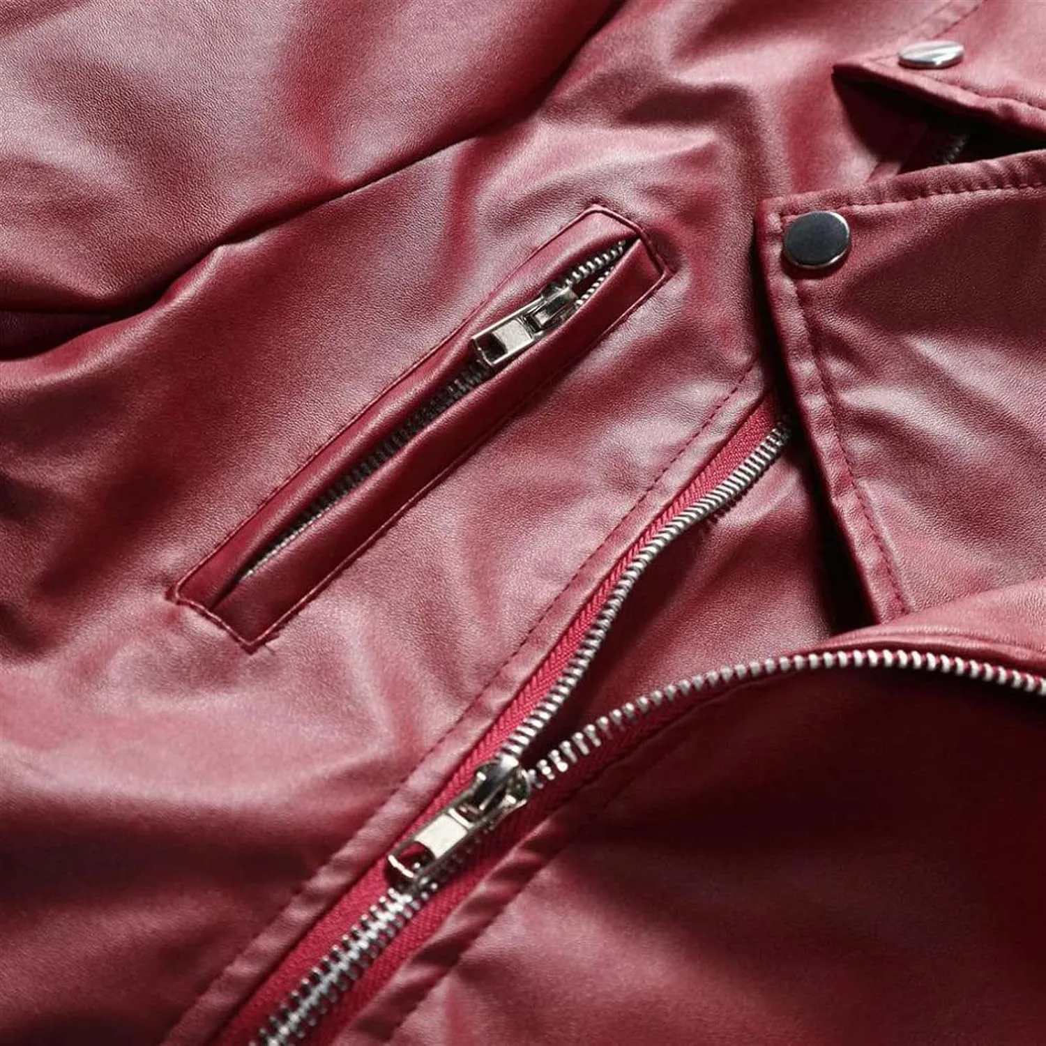 Кожаная куртка для мужчин, Faux Bomber Jacket, мотоциклетная куртка с лацканом-вырезом, Moto Biker Coat, застежка-молния, бомбер, верхняя одежда Generic, красный — фото 4