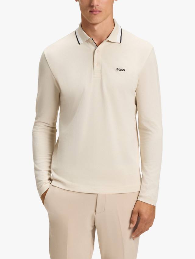 

BOSS Plisy длинный рукав хлопковая поло HUGO BOSS, Open White