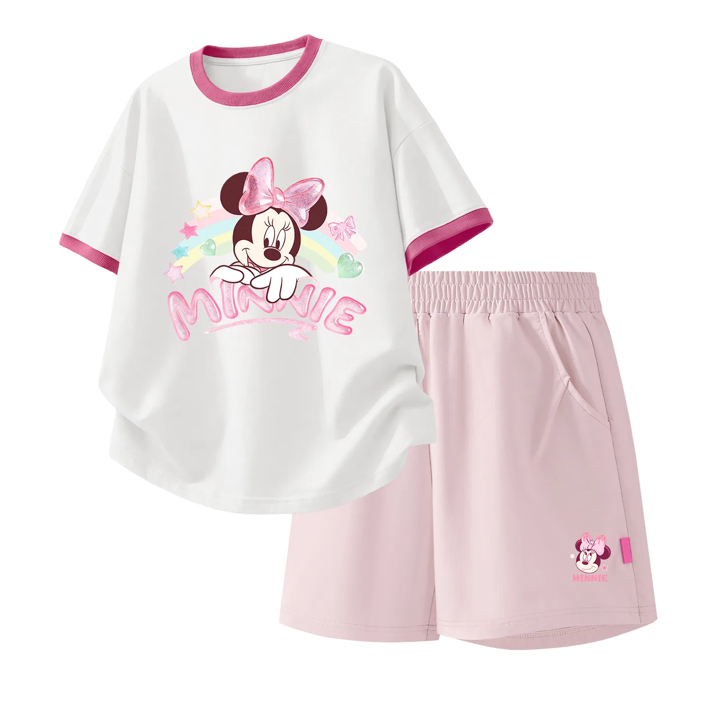 Детская повседневная спортивная футболка с круглым вырезом Disney, Crystal White Red+Sweet Honey Glutenous Pink