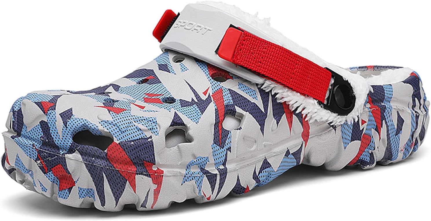 

Мужские сабо с флисовой подкладкой: теплые садовые туфли- уютный плюшевый интерьер- зимние домашние тапочки для взрослых Xjitiger, красный