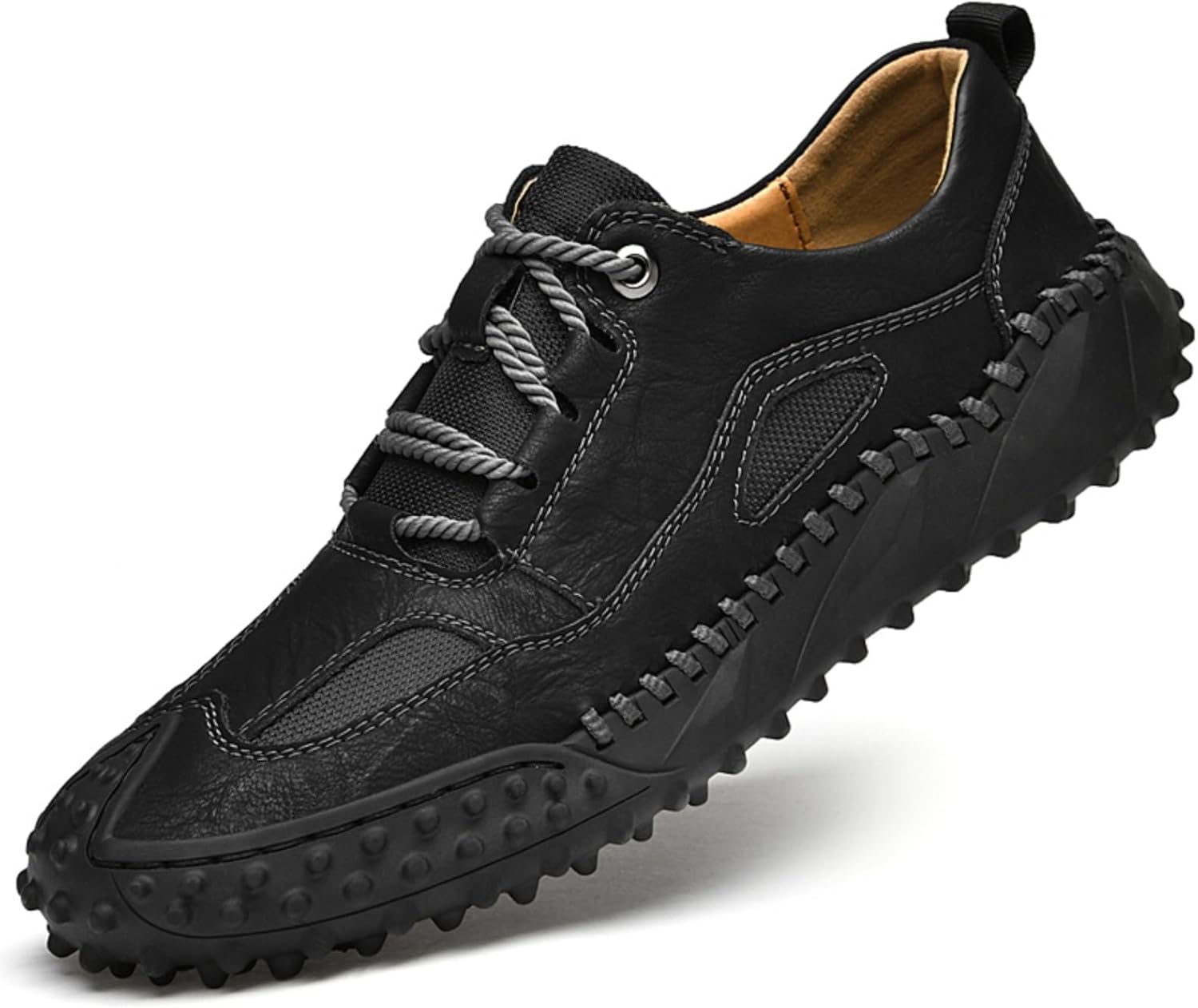 

Мужские премиальные туфли из коровьей кожи для прогулок, легкая шнуровка, повседневные кроссовки, плоская обувь для вождения, ручная строчка, сетчатая подкладка, на все сезоны Aokisx, черный
