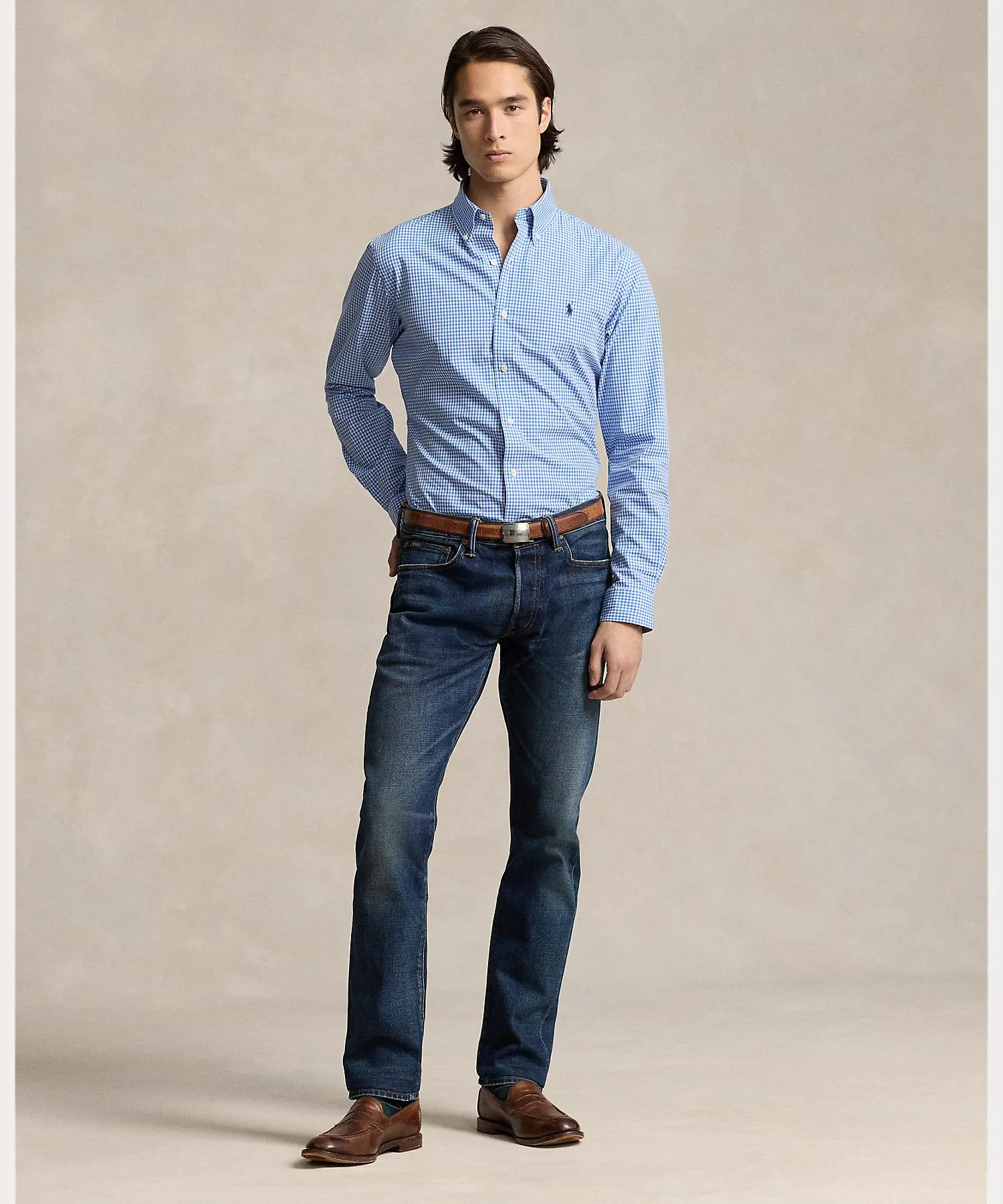 Мужская рубашка классического кроя из хлопка с эластаном Polo Ralph Lauren Classic Fit Check синяя — фото 3