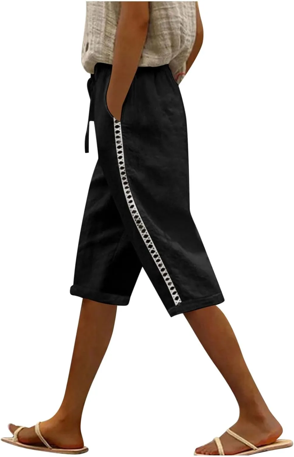 

Женские капри для лета: хлопок-лен, свободный крой, эластичный пояс jxsoyen