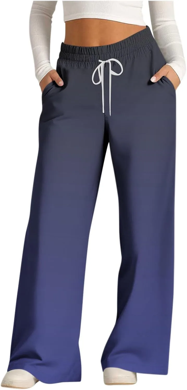 Женские брюки Wide Leg классического кроя с градиентом, свободные, для отпуска, с высокой талией, повседневные, с карманами Generic, темно-синий