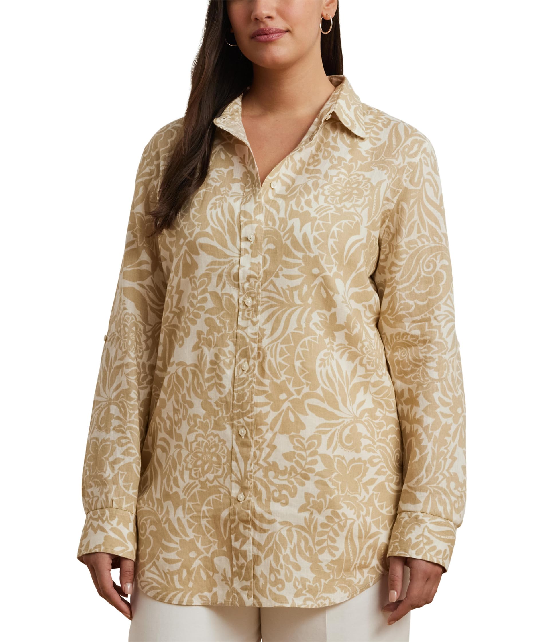 

Рубашка Lauren Ralph Lauren Plus Size Relaxed Fit Floral Linen Shirt, Cream/Tan
