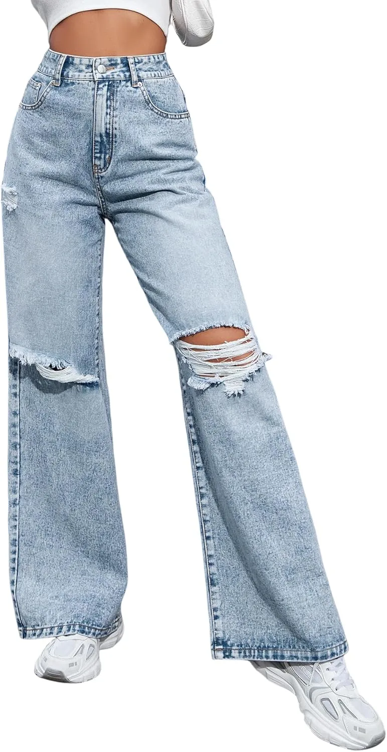 

Женские джинсы с высокой талией и рваными деталями CHEZVOGUE