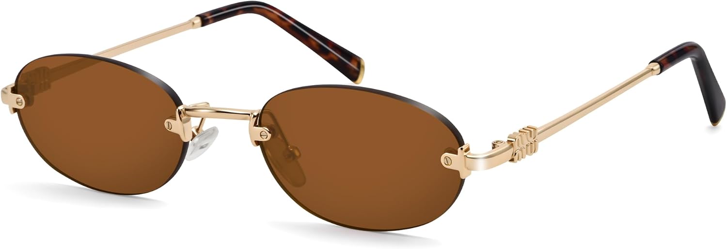 

Ретро овальные солнцезащитные очки для женщин и мужчин, модные дизайнерские винтажные солнцезащитные очки без оправы в стиле Y2K с защитой от УФ-излучения UV400, роскошные золотые очки Revemo, A02 Gold+ Tawny Lens